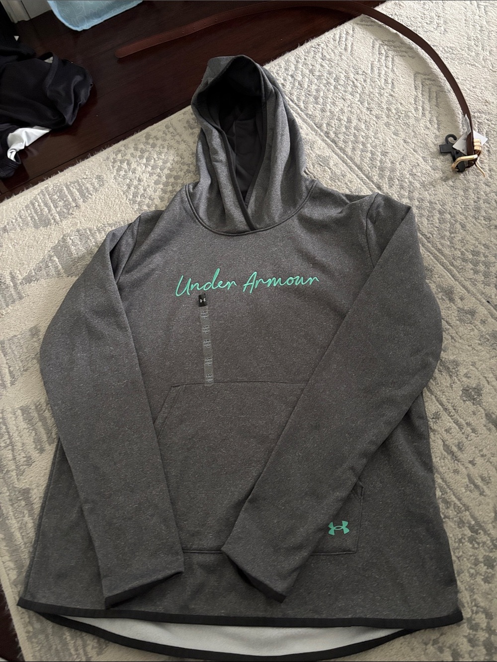 Under Armour Dark Gray Hoodie with Teal Script Logo